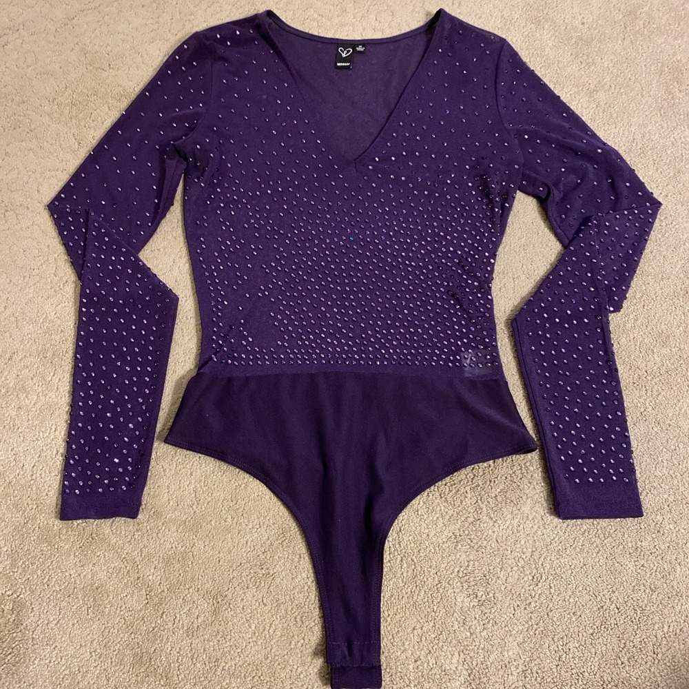 WINDSOR PURPLE SPARKLY BEADED MESH LONG SLEEVE BODYSUIT SIZE M